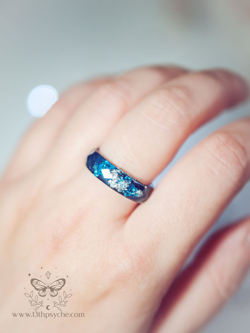 Handmade Dark Blue and gold or silver flakes faceted resin ring - 13th Psyche