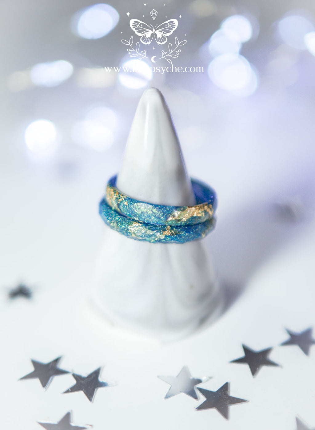 Handmade Iridescent blue faceted resin ring with gold metal flakes - 13th Psyche