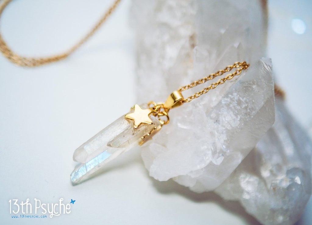 Handmade White raw quartz crystal point pendant necklace with golden stars - 13th Psyche