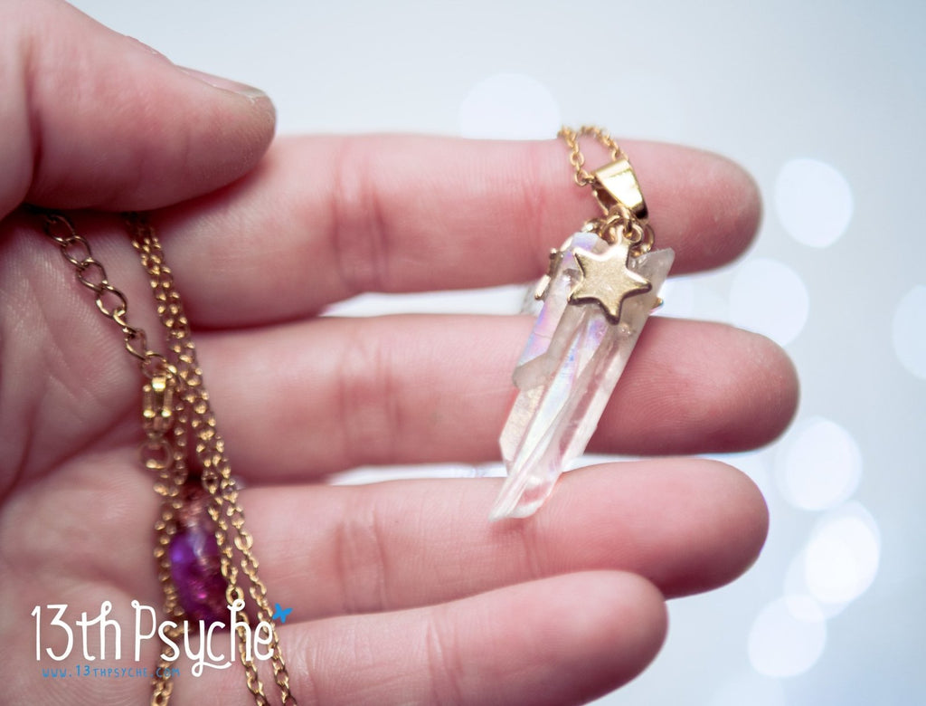 Handmade White raw quartz crystal point pendant necklace with golden stars - 13th Psyche