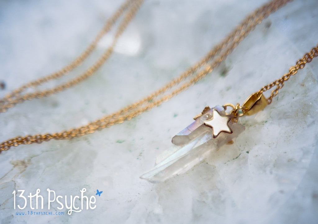 Handmade White raw quartz crystal point pendant necklace with golden stars - 13th Psyche