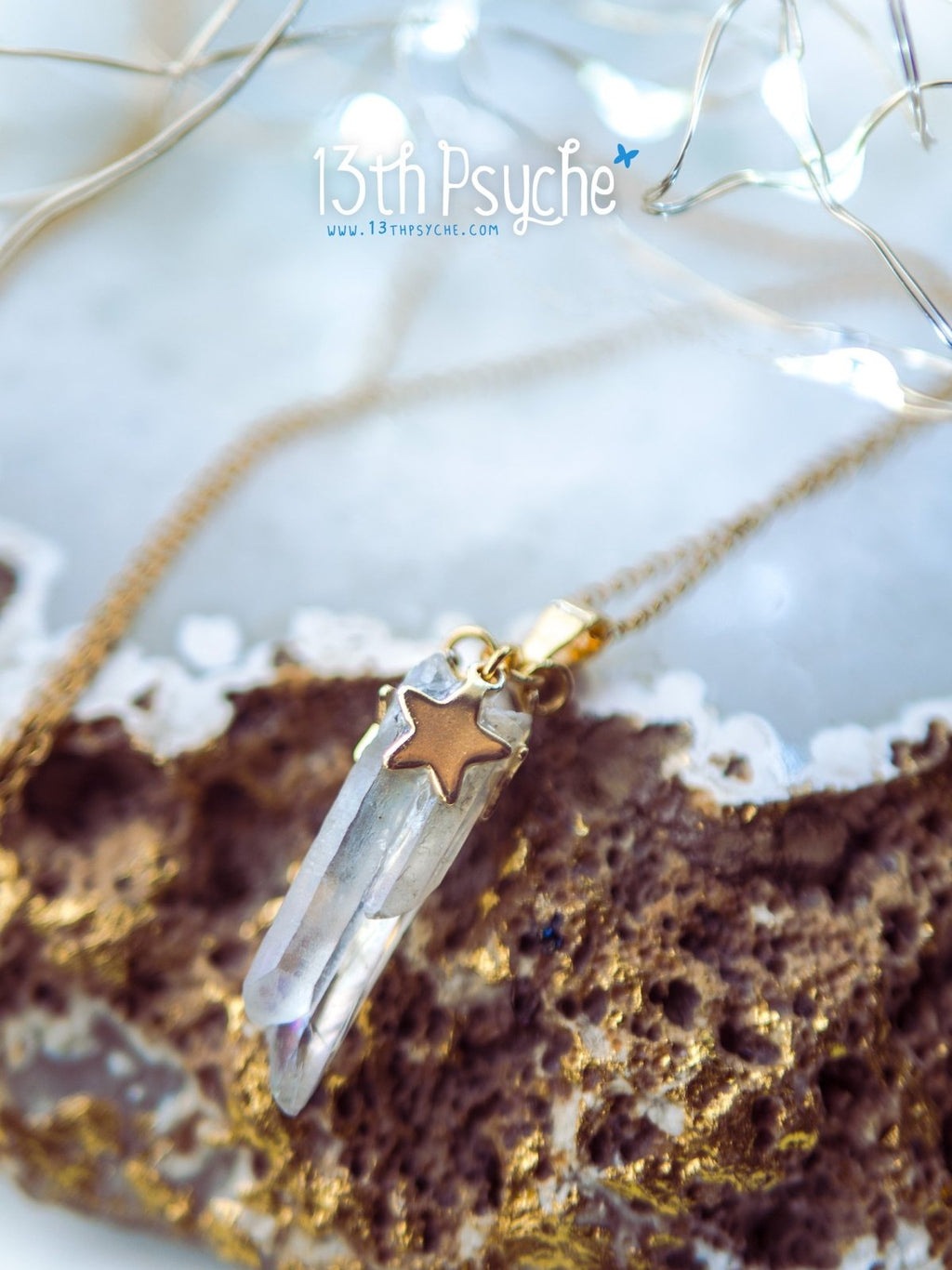 Handmade White raw quartz crystal point pendant necklace with golden stars - 13th Psyche