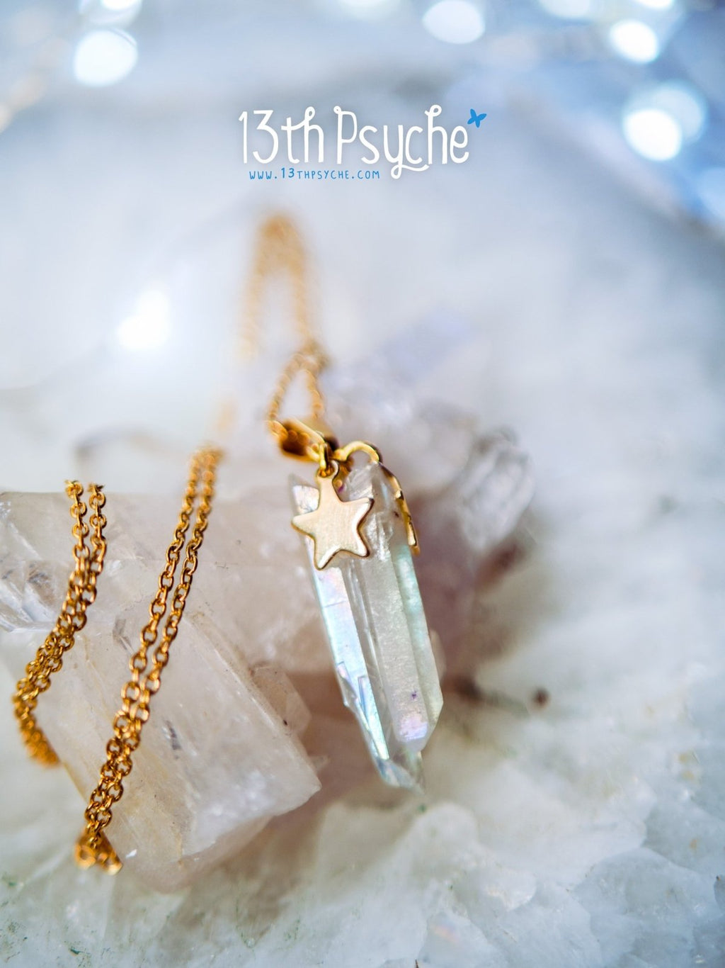 Handmade White raw quartz crystal point pendant necklace with golden stars - 13th Psyche