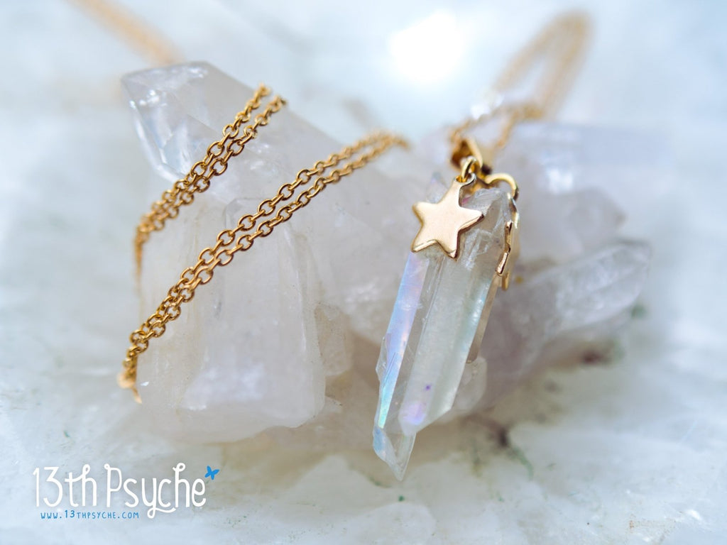 Handmade White raw quartz crystal point pendant necklace with golden stars - 13th Psyche