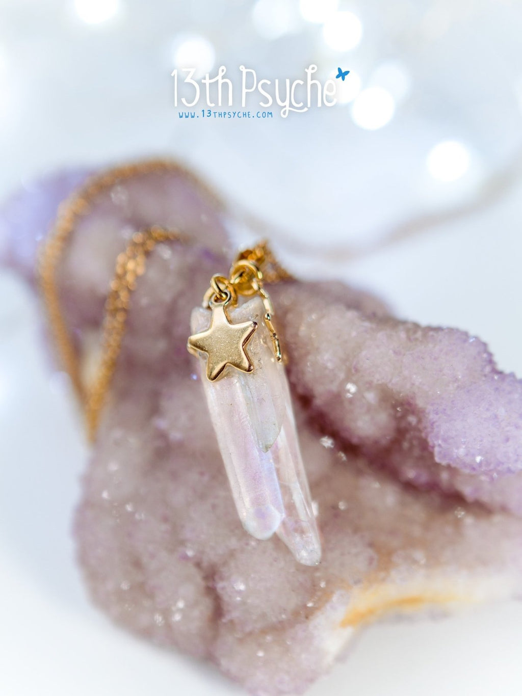 Handmade White raw quartz crystal point pendant necklace with golden stars - 13th Psyche