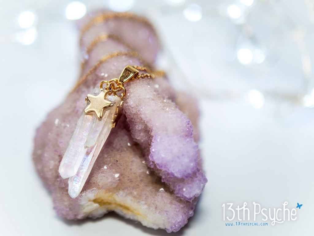 Handmade White raw quartz crystal point pendant necklace with golden stars - 13th Psyche