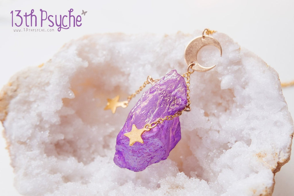 Handmade Purple raw quartz necklace with moon - 13th Psyche