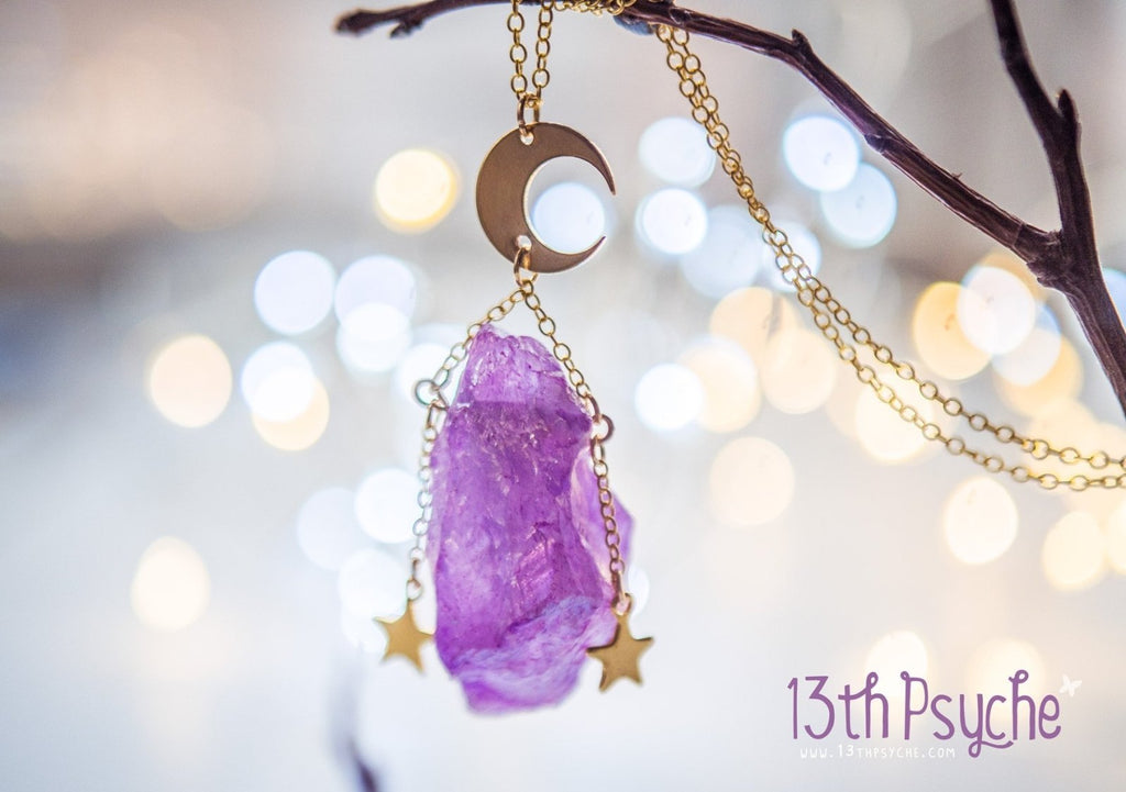 Handmade Purple raw quartz necklace with moon - 13th Psyche