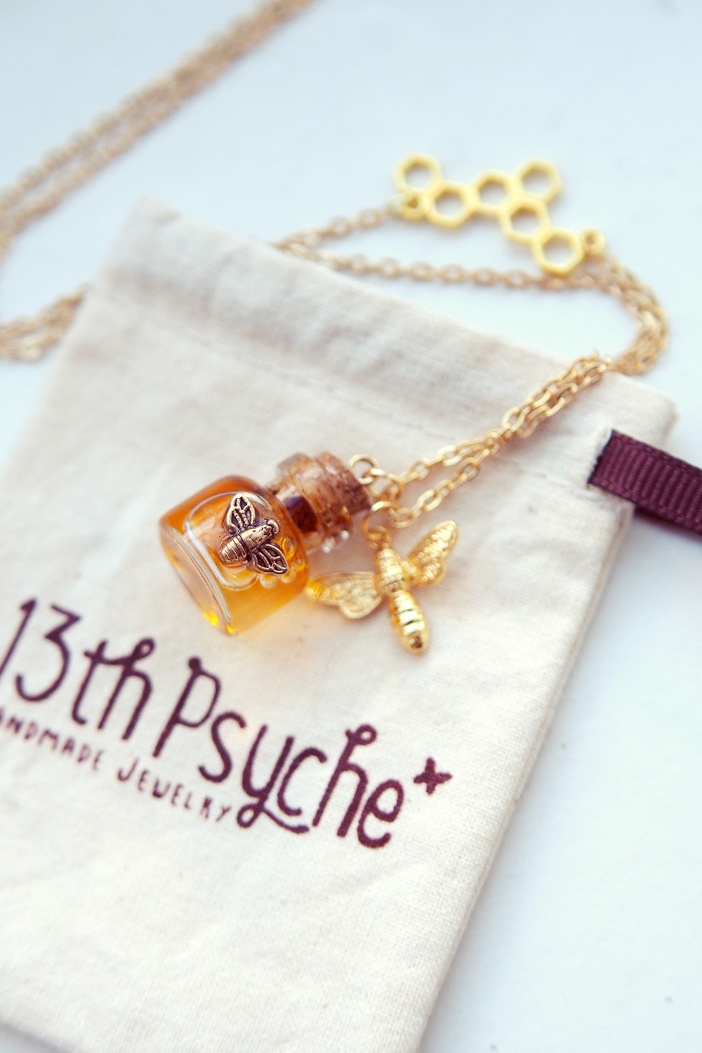 Handmade Honey bee and honeycomb bottle necklace - 13th Psyche