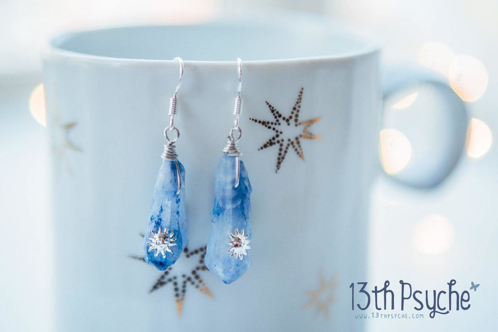 Handmade Blue raw crystal earrings with suns - 13th Psyche