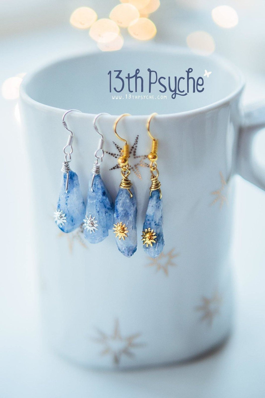 Handmade Blue raw crystal earrings with suns - 13th Psyche