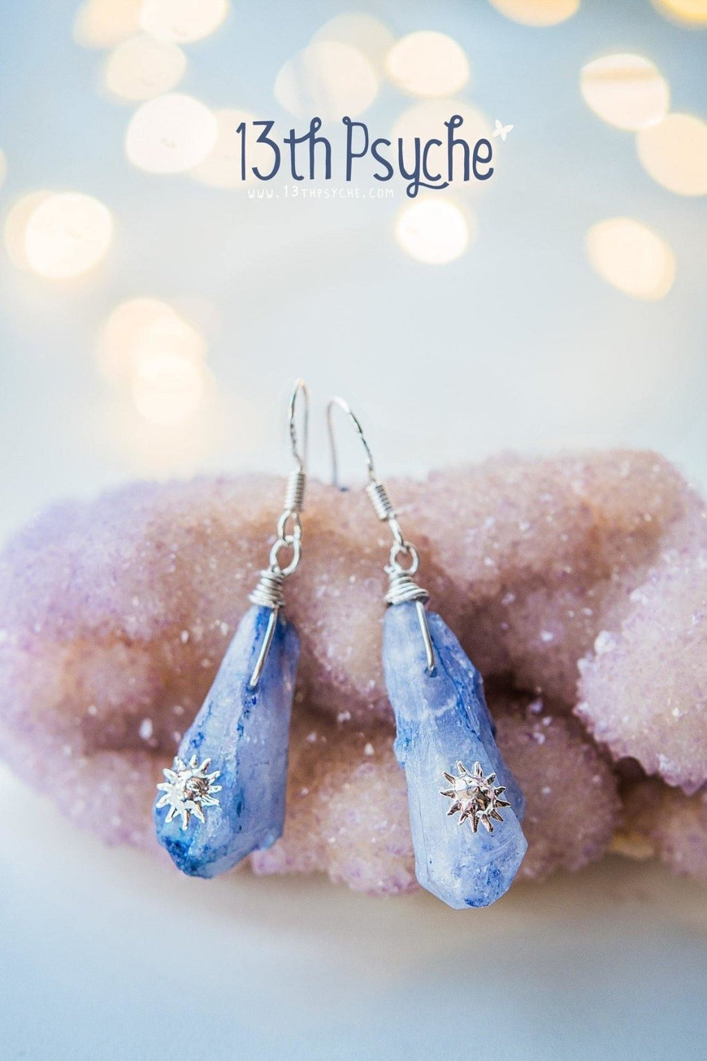 Handmade Blue raw crystal earrings with suns - 13th Psyche