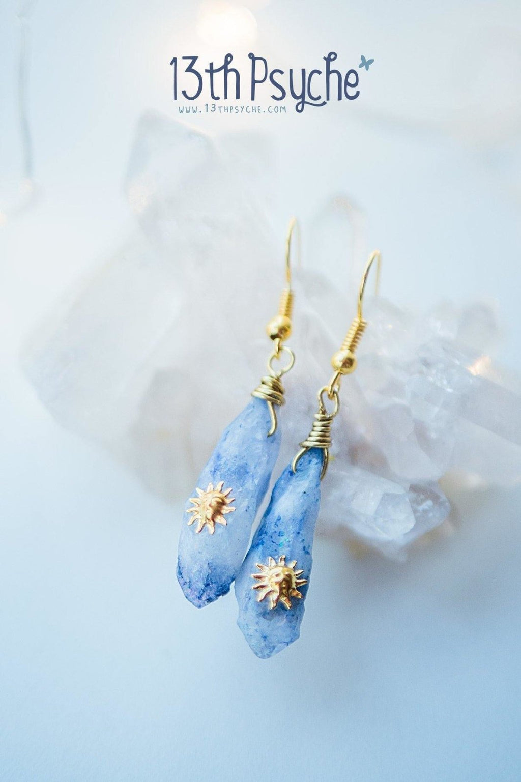 Handmade Blue raw crystal earrings with suns - 13th Psyche
