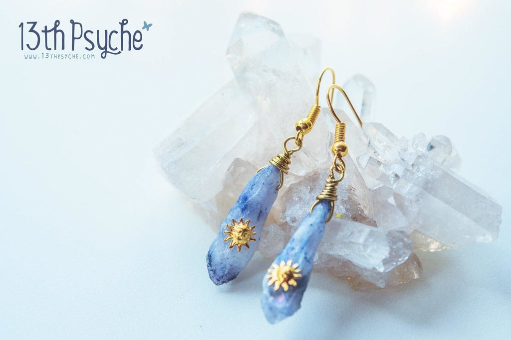 Handmade Blue raw crystal earrings with suns - 13th Psyche