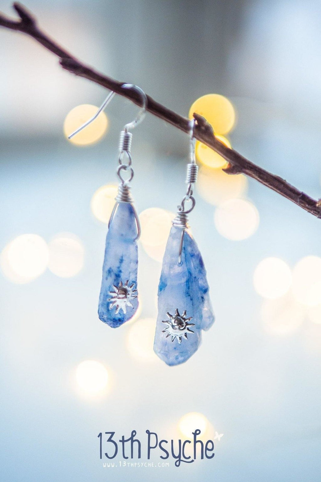 Handmade Blue raw crystal earrings with suns - 13th Psyche