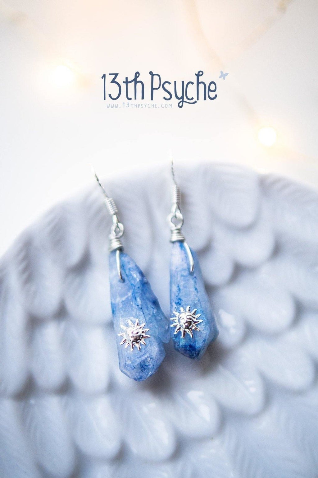 Handmade Blue raw crystal earrings with suns - 13th Psyche