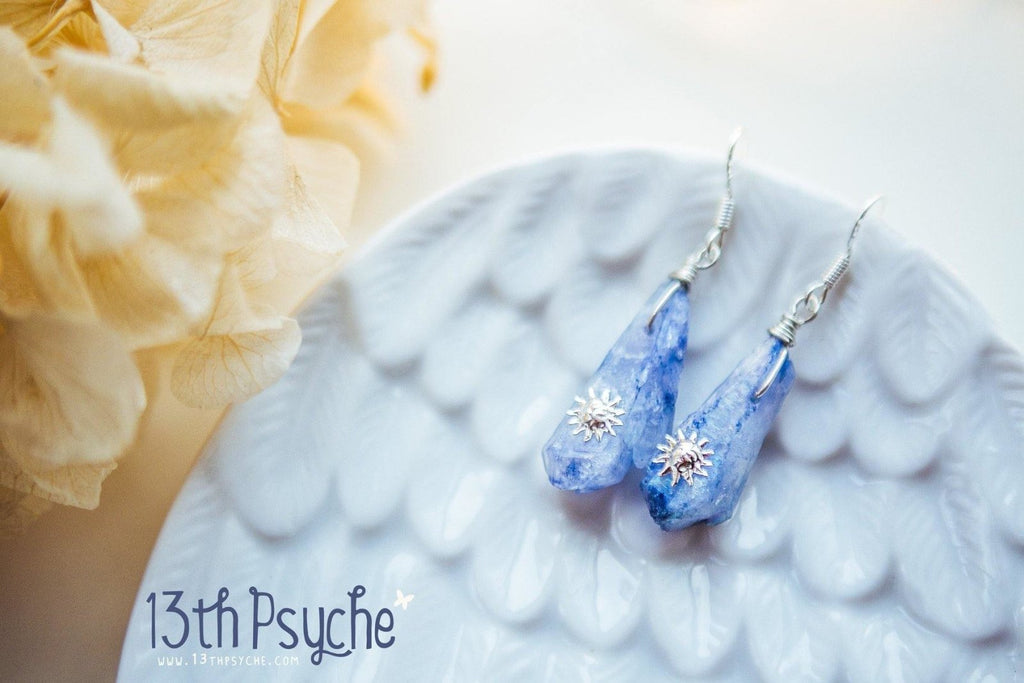 Handmade Blue raw crystal earrings with suns - 13th Psyche