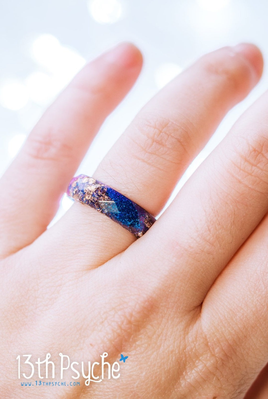 Handmade Iridescent blue faceted resin ring with rose gold flakes - 13th Psyche