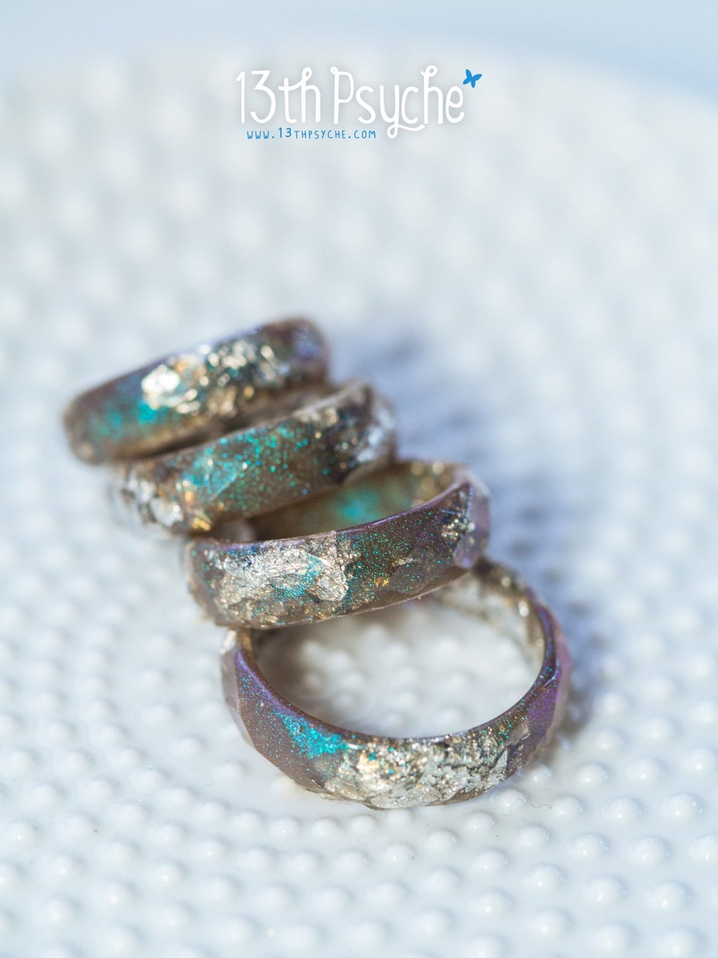 Handmade Iridescent grey faceted resin ring with silver flakes - 13th Psyche