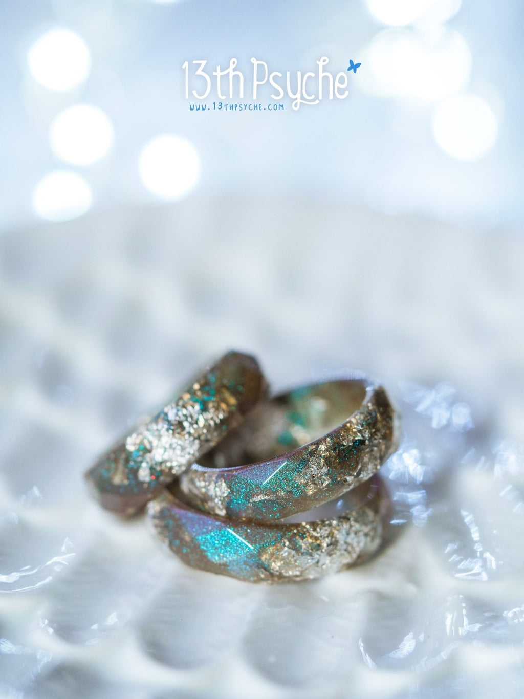 Handmade Iridescent grey faceted resin ring with silver flakes - 13th Psyche