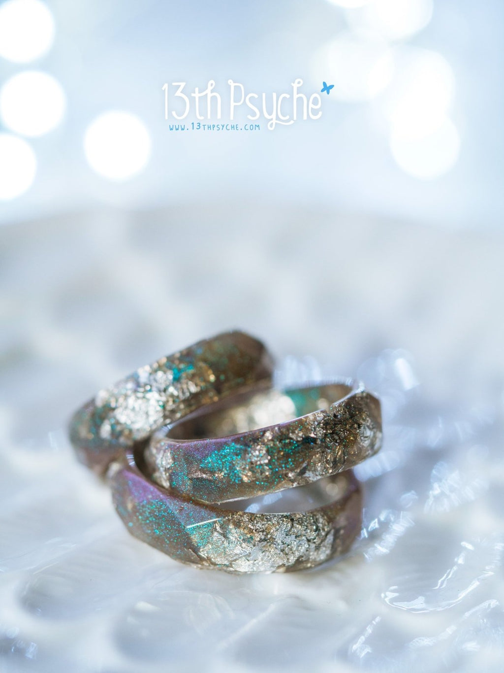 Handmade Iridescent grey faceted resin ring with silver flakes - 13th Psyche