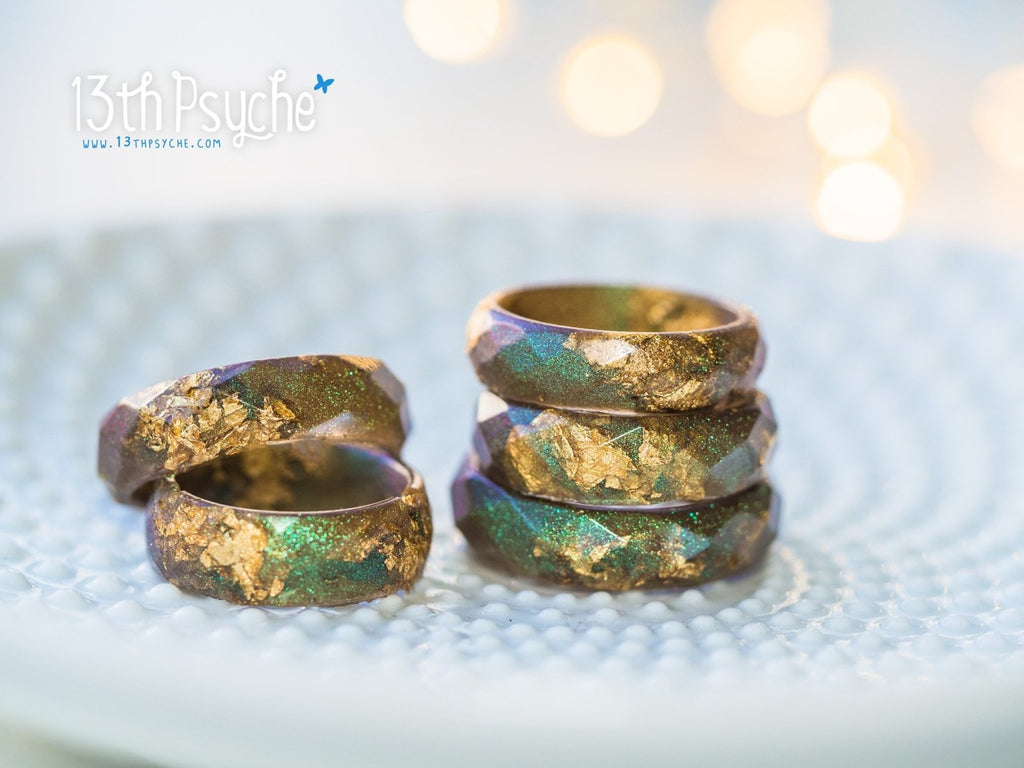Handmade Iridescent green faceted resin ring with gold flakes - 13th Psyche