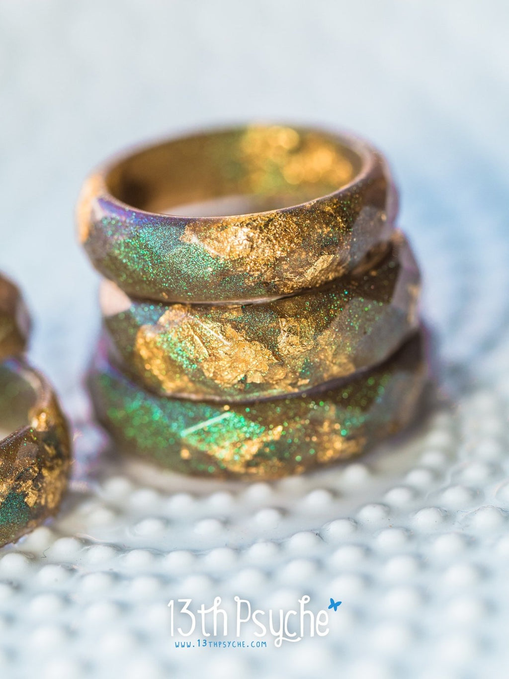 Handmade Iridescent green faceted resin ring with gold flakes - 13th Psyche