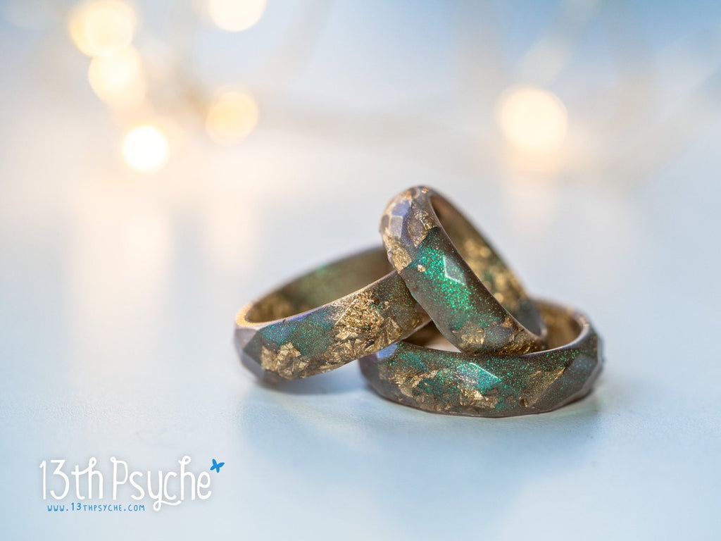 Handmade Iridescent green faceted resin ring with gold flakes - 13th Psyche