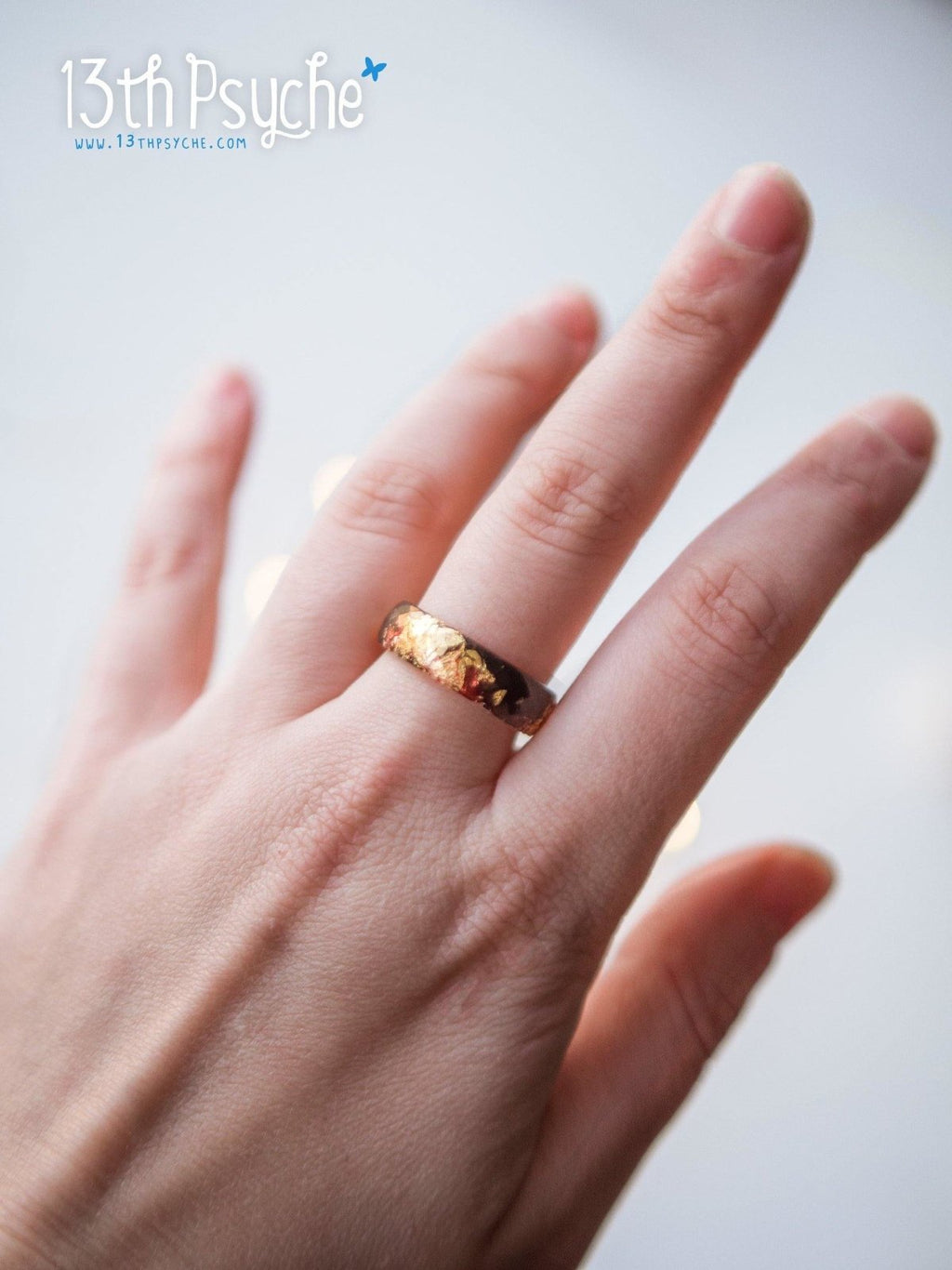Handmade Black and red faceted resin ring with gold flakes - 13th Psyche