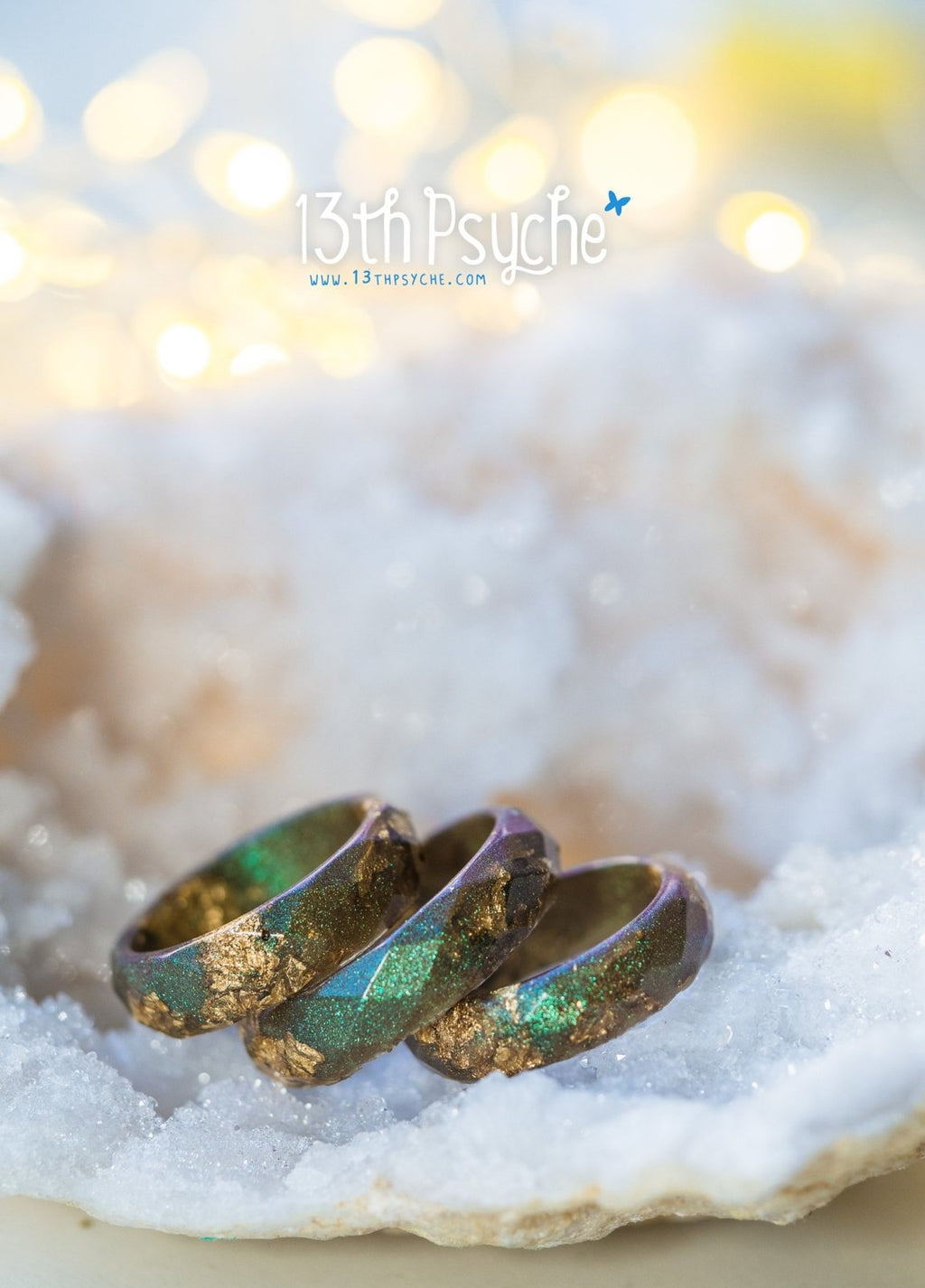 Handmade Iridescent green faceted resin ring with gold flakes - 13th Psyche