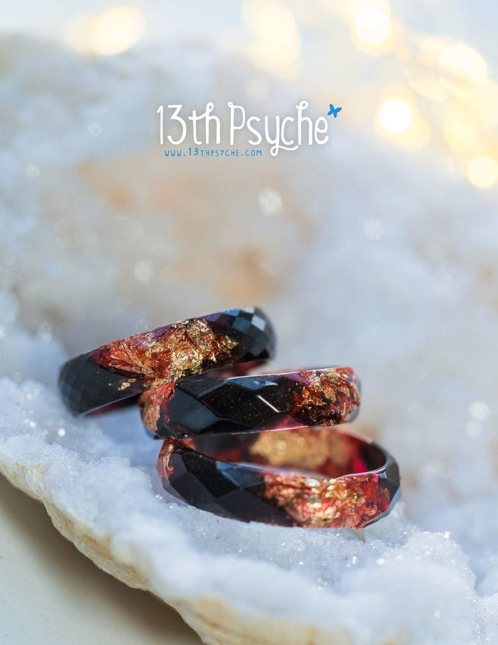 Handmade Black and red faceted resin ring with gold flakes - 13th Psyche