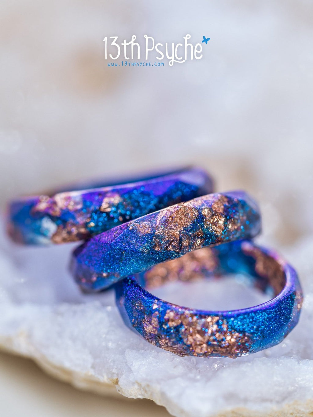 Handmade Iridescent blue faceted resin ring with rose gold flakes - 13th Psyche