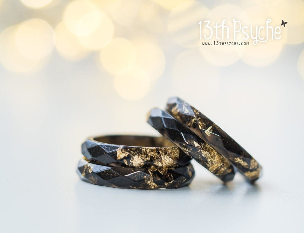 Handmade Black faceted resin ring with gold flakes - 13th Psyche