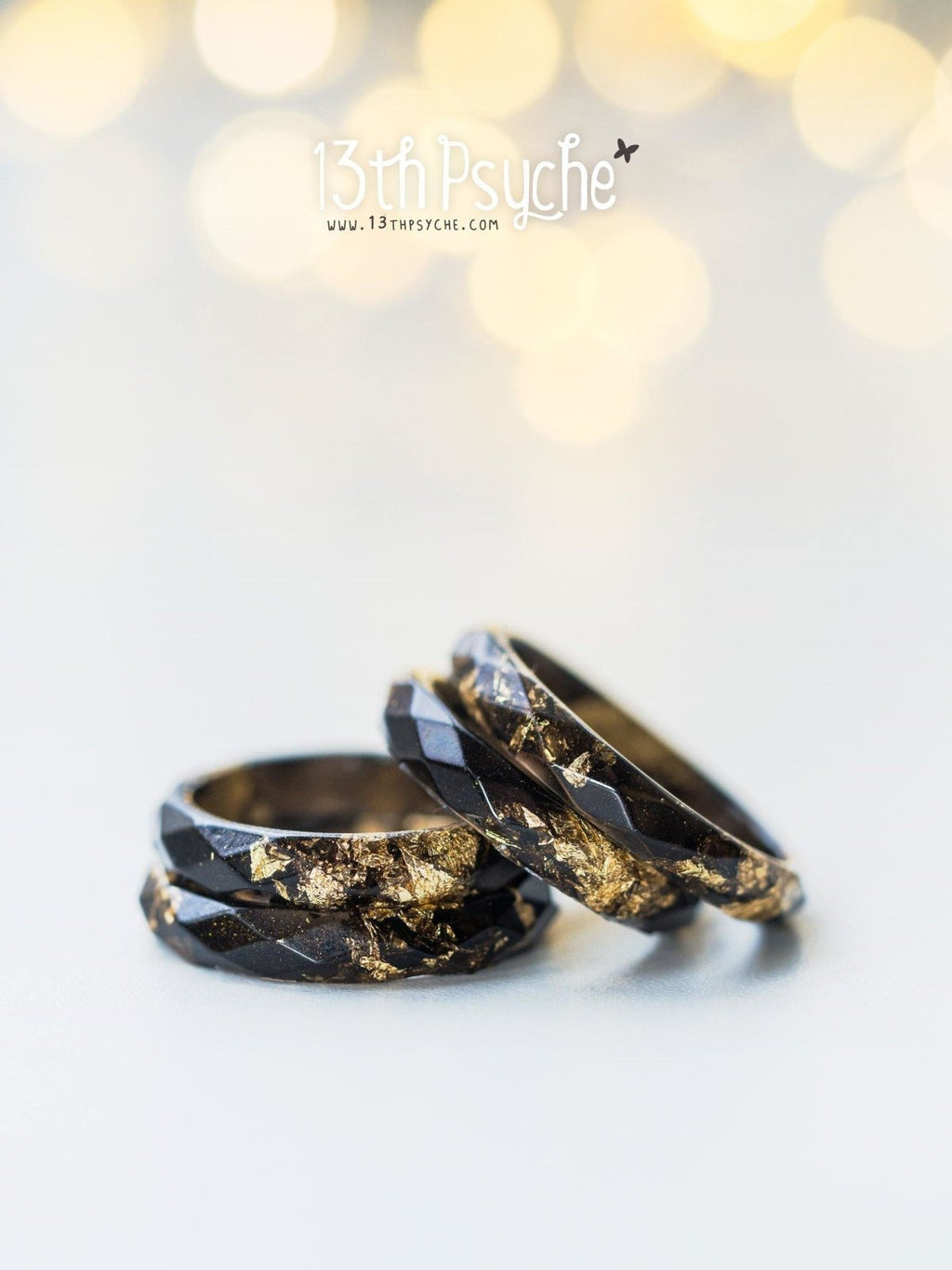 Handmade Black faceted resin ring with gold flakes - 13th Psyche