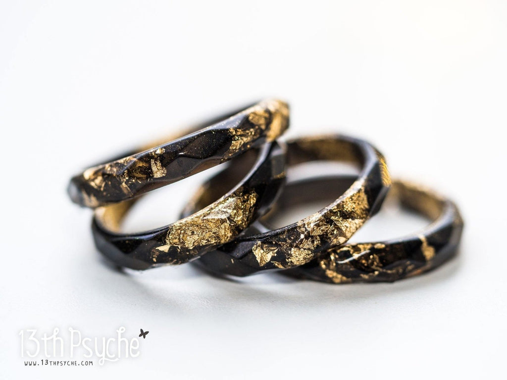 Handmade Black faceted resin ring with gold flakes - 13th Psyche