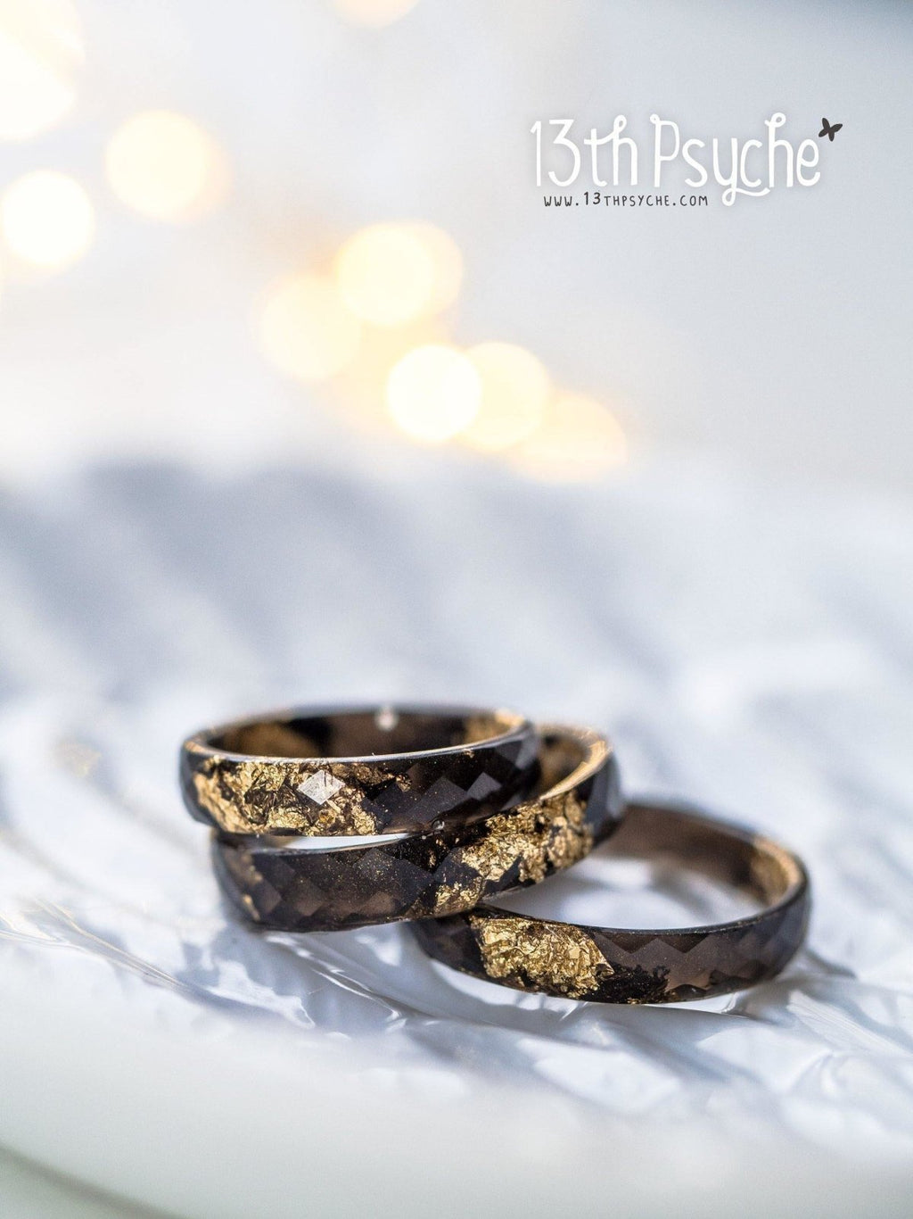 Handmade Black faceted resin ring with gold flakes - 13th Psyche