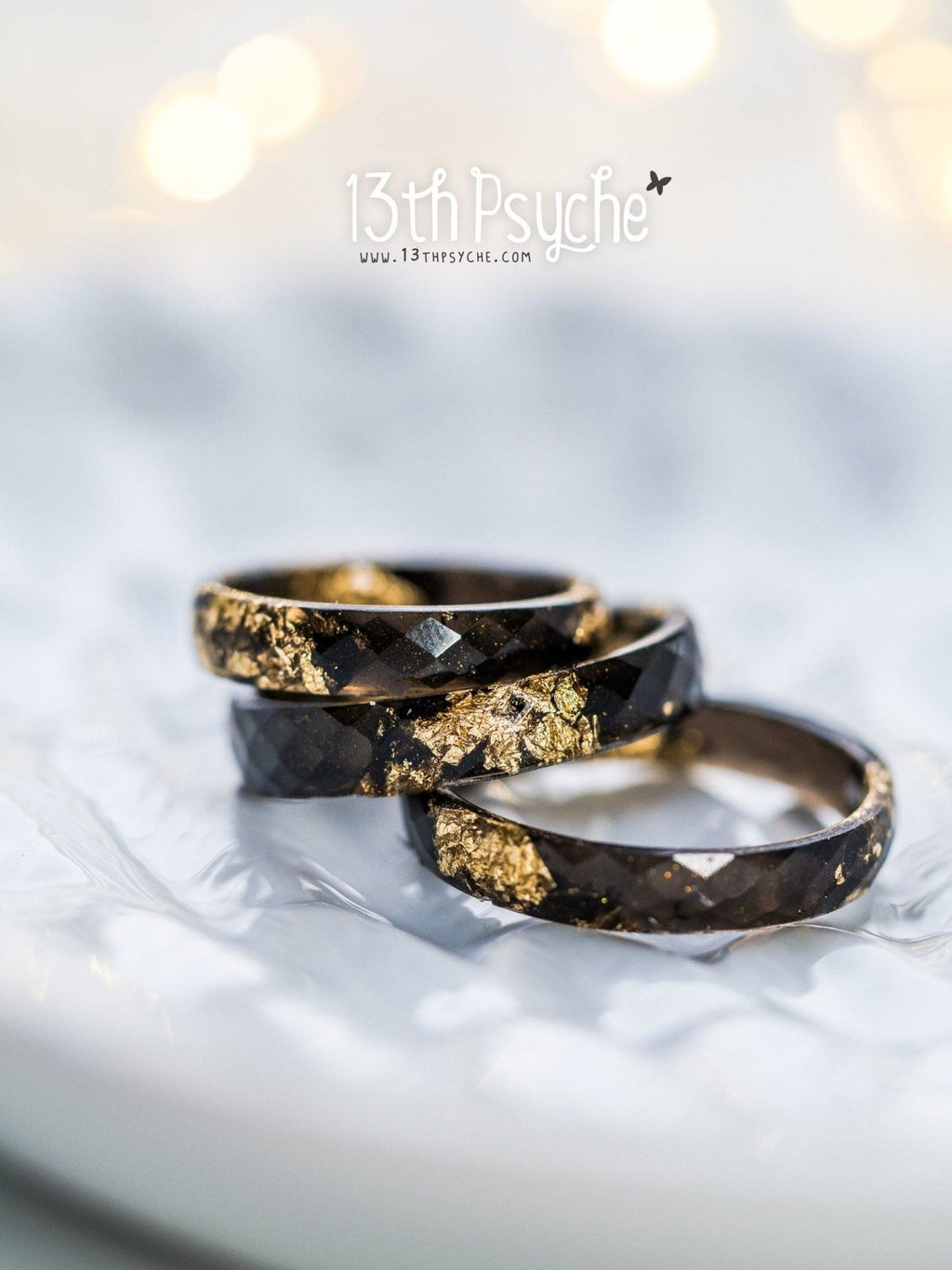 Handmade Black faceted resin ring with gold flakes - 13th Psyche