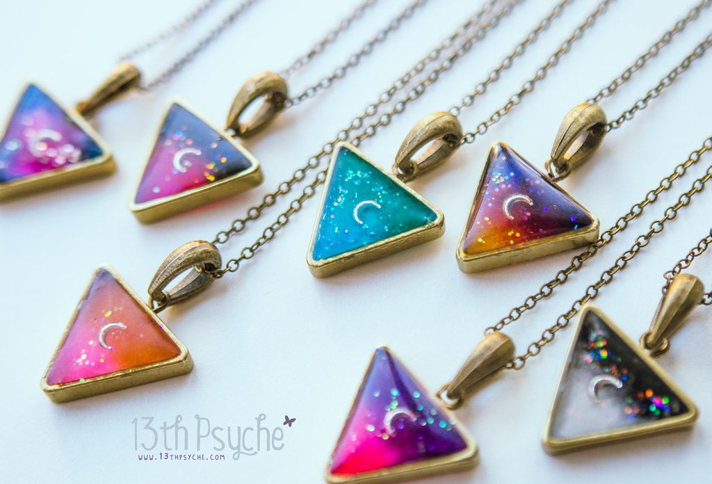 Handmade Galaxy triangle resin necklace with moon - 13th Psyche