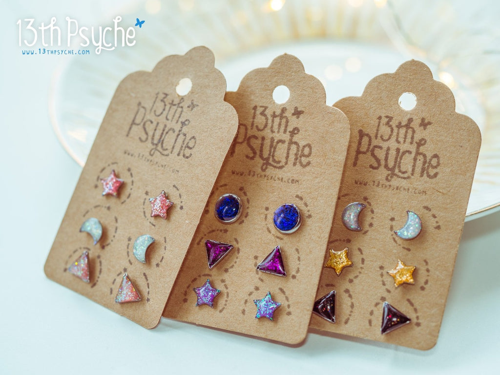 Handmade Stainless steel mini stud earrings, set of 3 - 13th Psyche