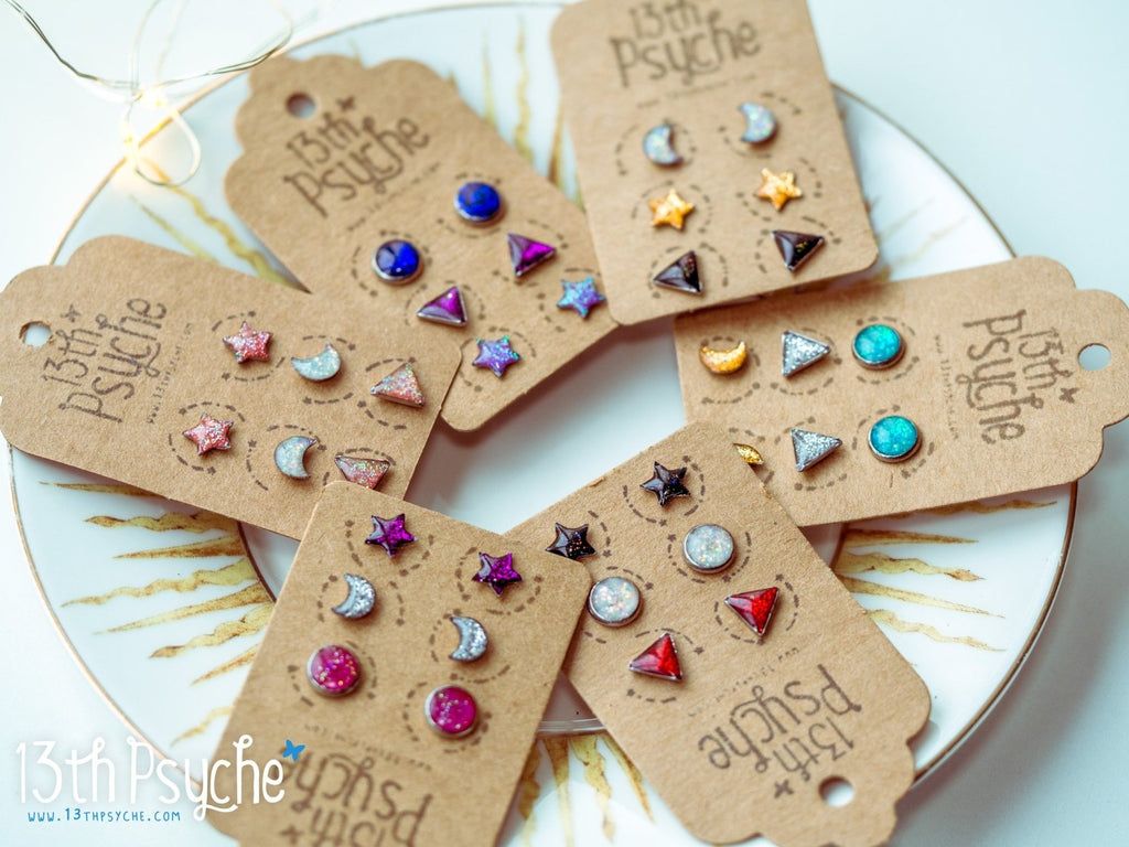 Handmade Stainless steel mini stud earrings, set of 3 - 13th Psyche