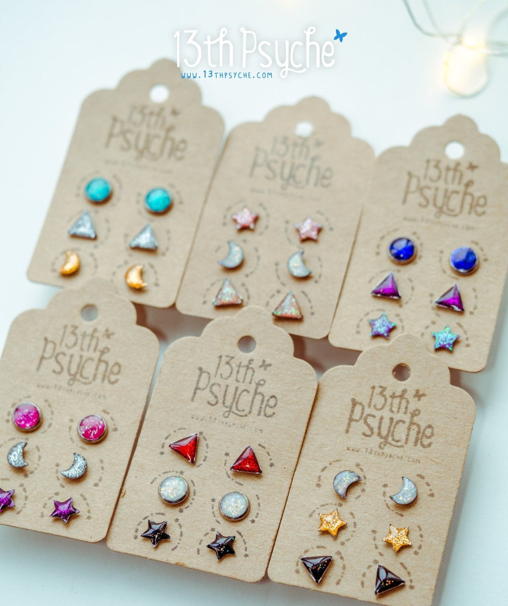 Handmade Stainless steel mini stud earrings, set of 3 - 13th Psyche