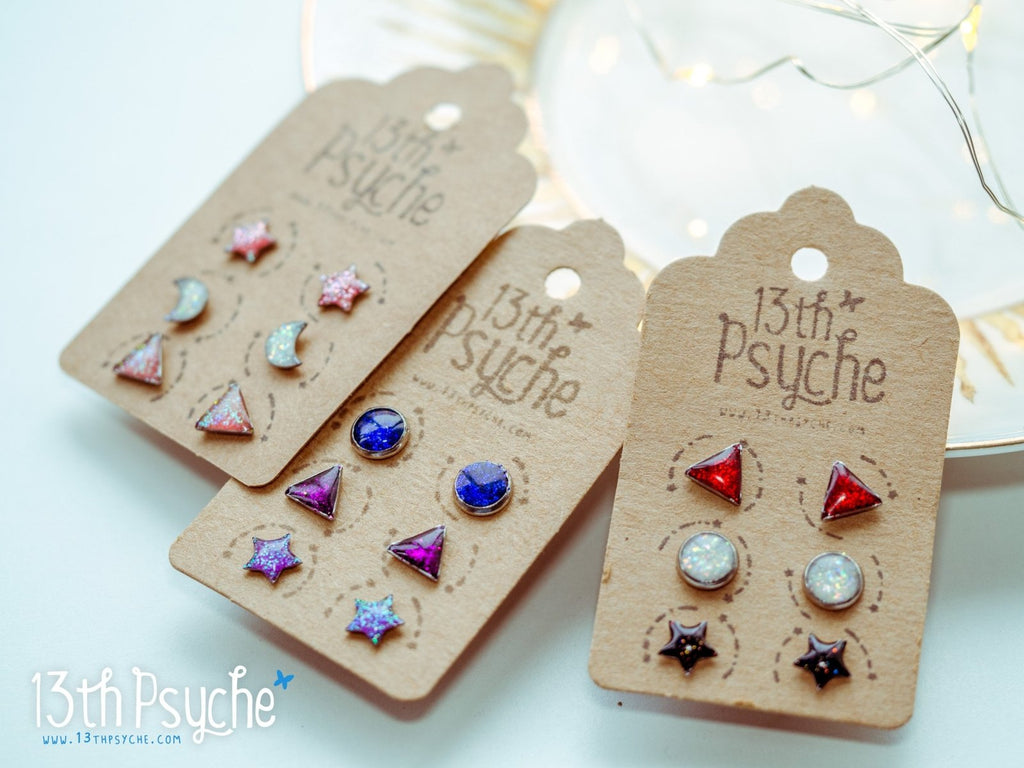 Handmade Stainless steel mini stud earrings, set of 3 - 13th Psyche