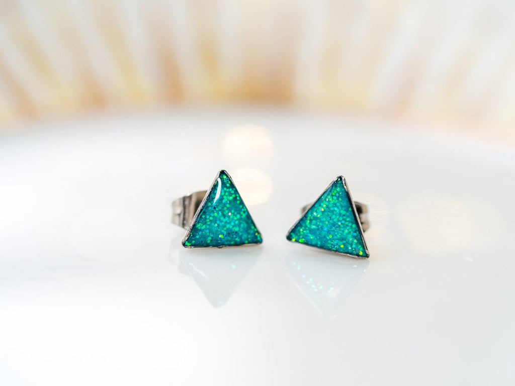 Handmade Glitter triangle stud earrings, Stainless steel - 13th Psyche