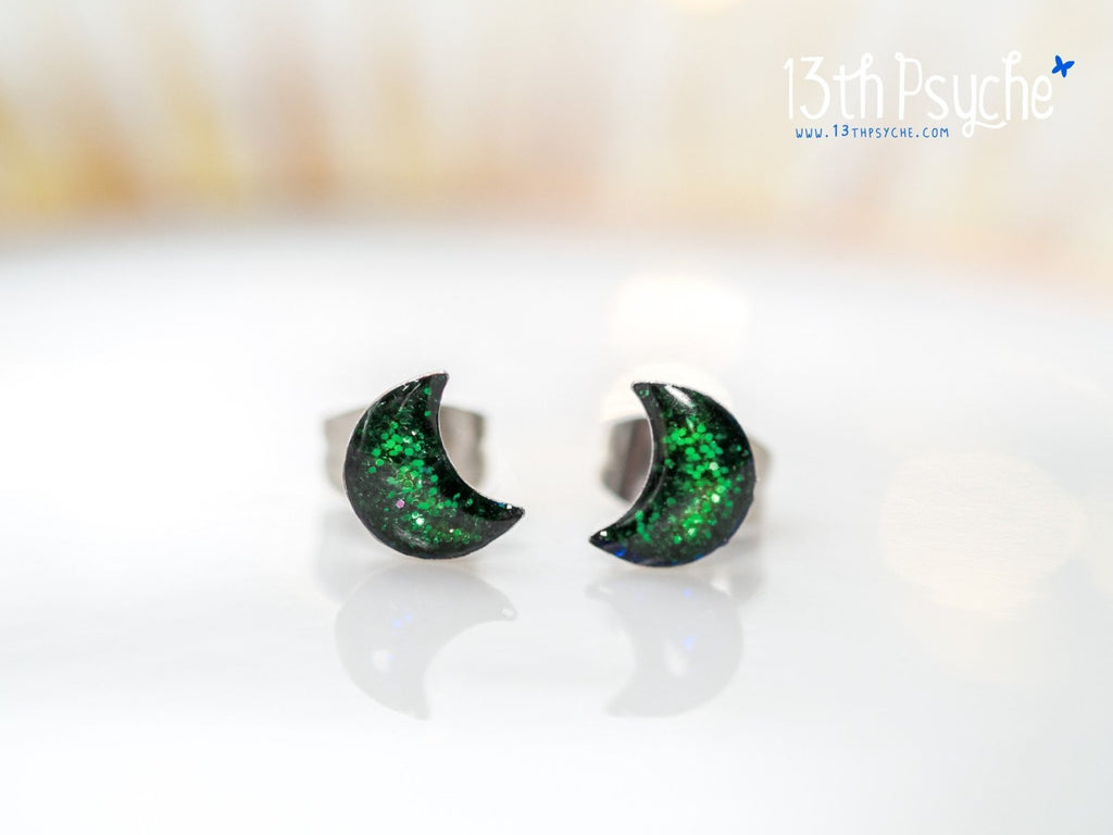 Handmade Glitter crescent moon stud earrings, Stainless steel - 13th Psyche