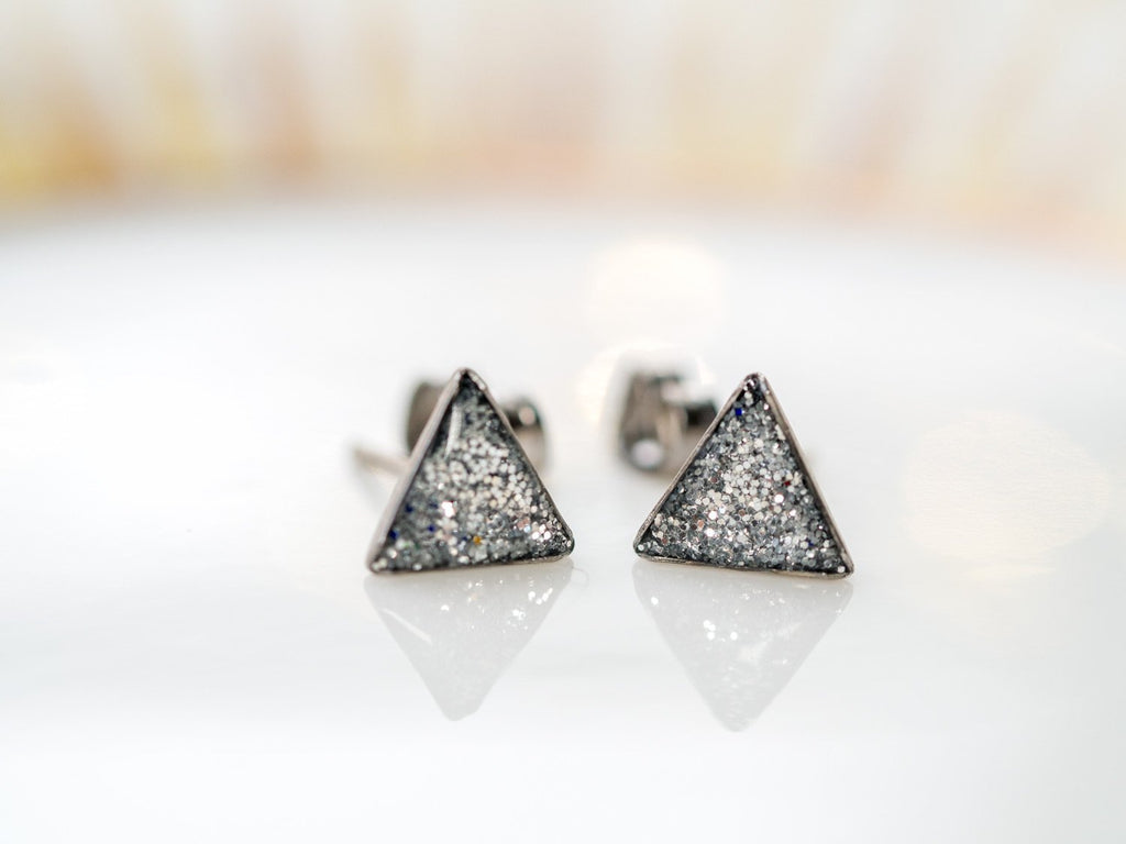 Handmade Glitter triangle stud earrings, Stainless steel - 13th Psyche