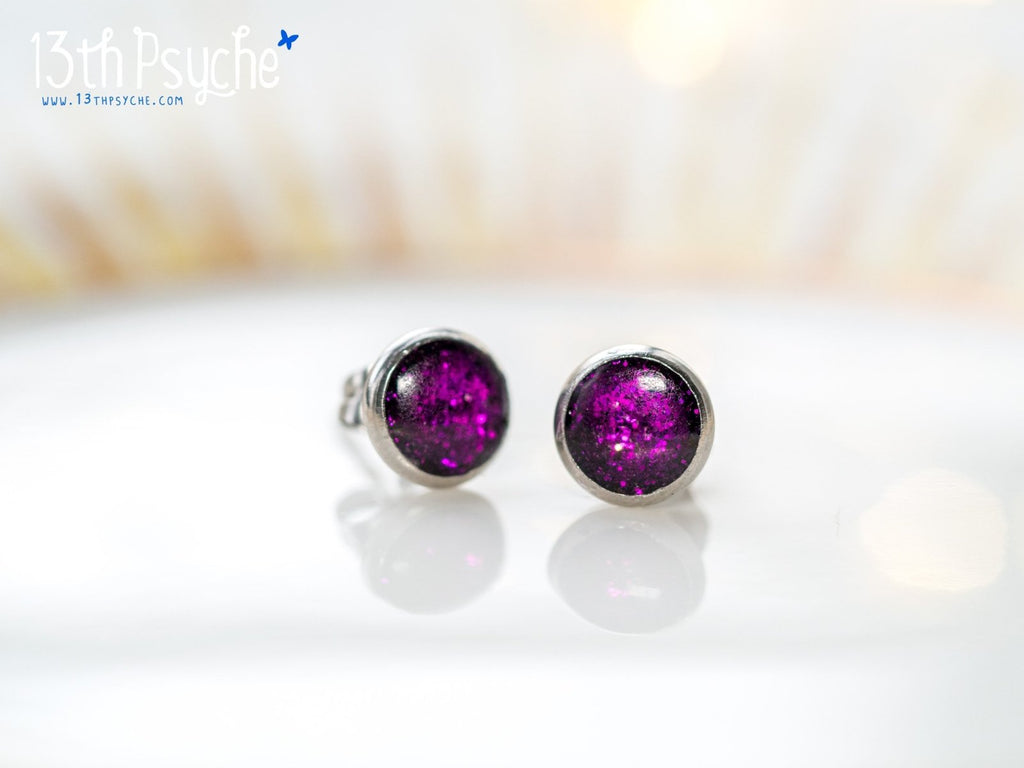 Handmade Glitter button stud earrings, Stainless steel - 13th Psyche