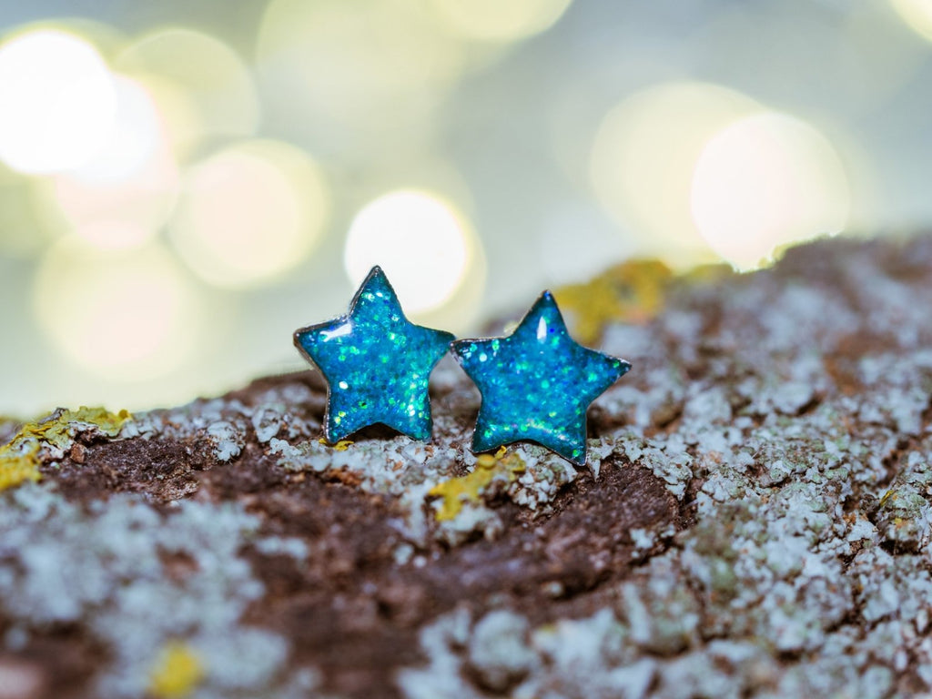 Handmade Glitter star stud earrings, Stainless steel - 13th Psyche
