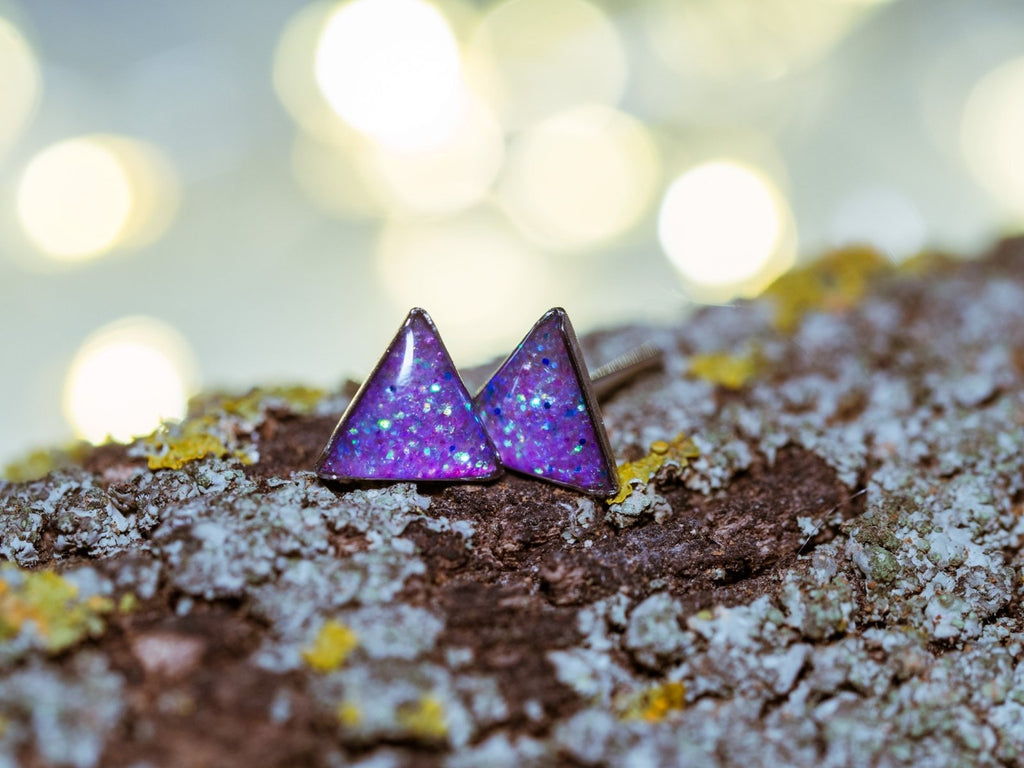 Handmade Glitter triangle stud earrings, Stainless steel - 13th Psyche