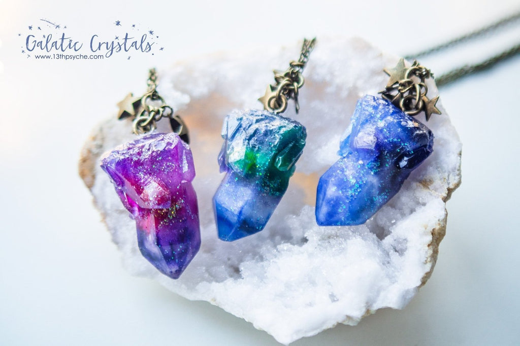 Handmade Galaxy and nebula inspired crystal point resin necklace - 13th Psyche