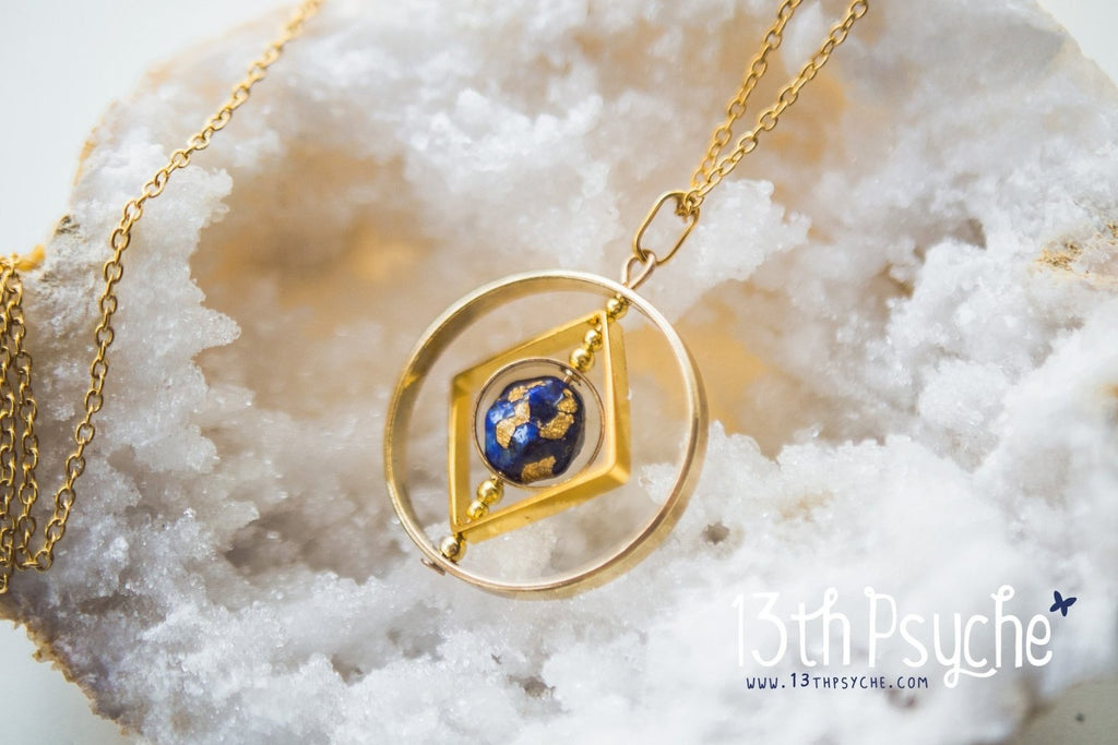 Handmade Galaxy inspired earth planet spinner necklace - 13th Psyche